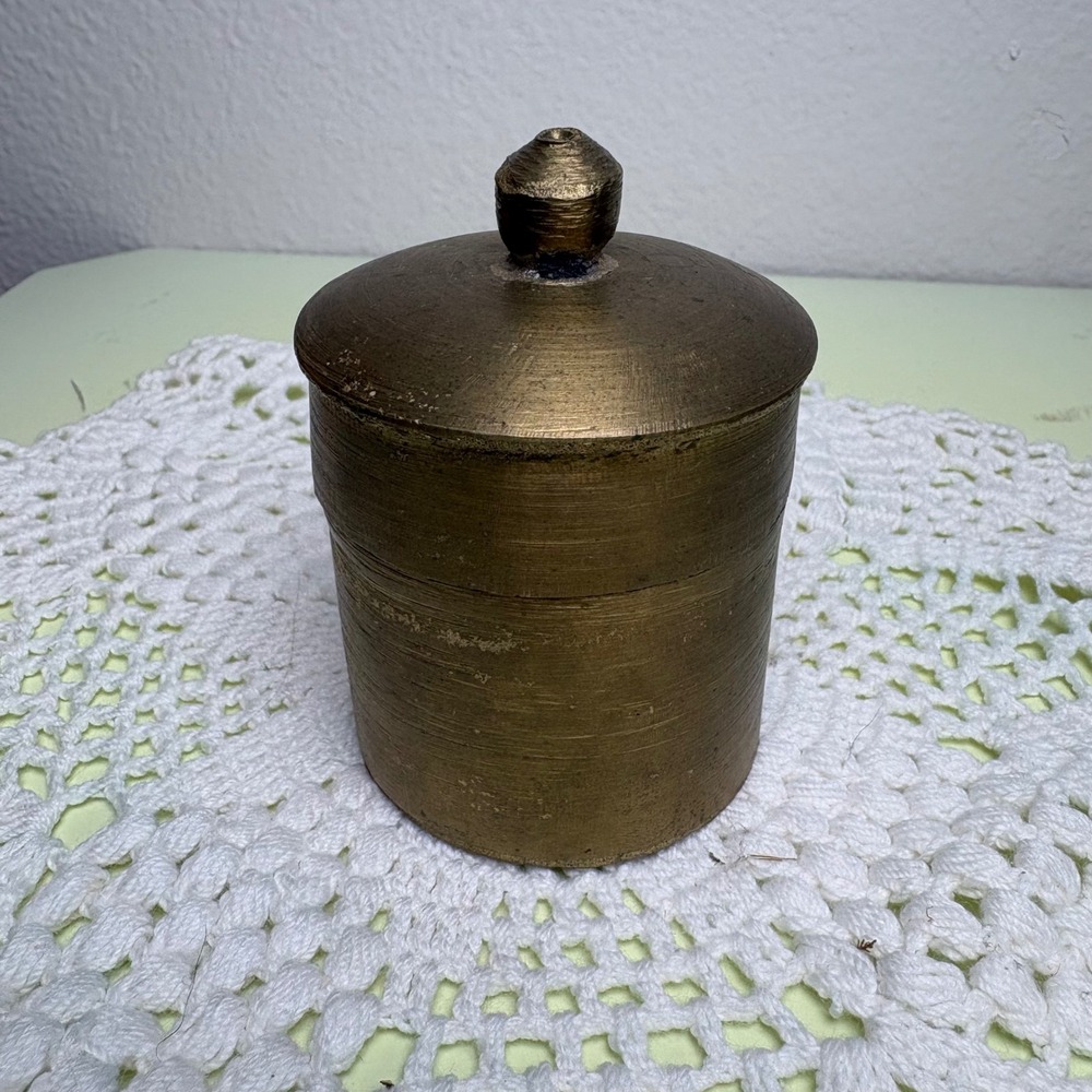 Vintage Brass Lidded Cylindrical Trinket Box Dark Academia